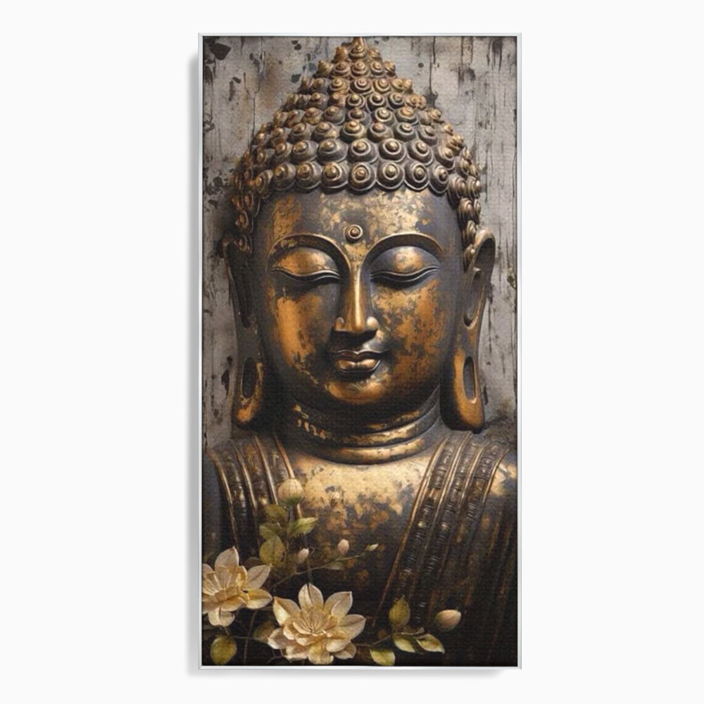 Tablou canvas cu tablou canvas cu capul lui buddha, in rama de aluminiu argintiu